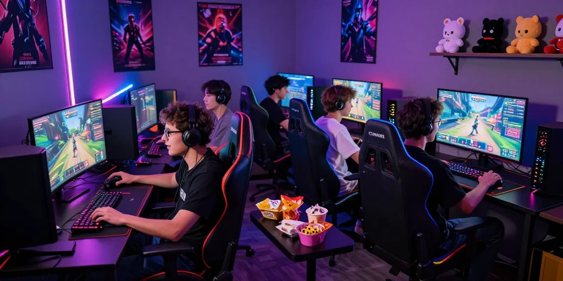 กลุ่มเพื่อนที่กำลังเล่นเกมอย่างเข้มข้นในห้องเกม พร้อมกับการตั้งค่าที่สวยงามเพื่อเล่น playme8 sbo
