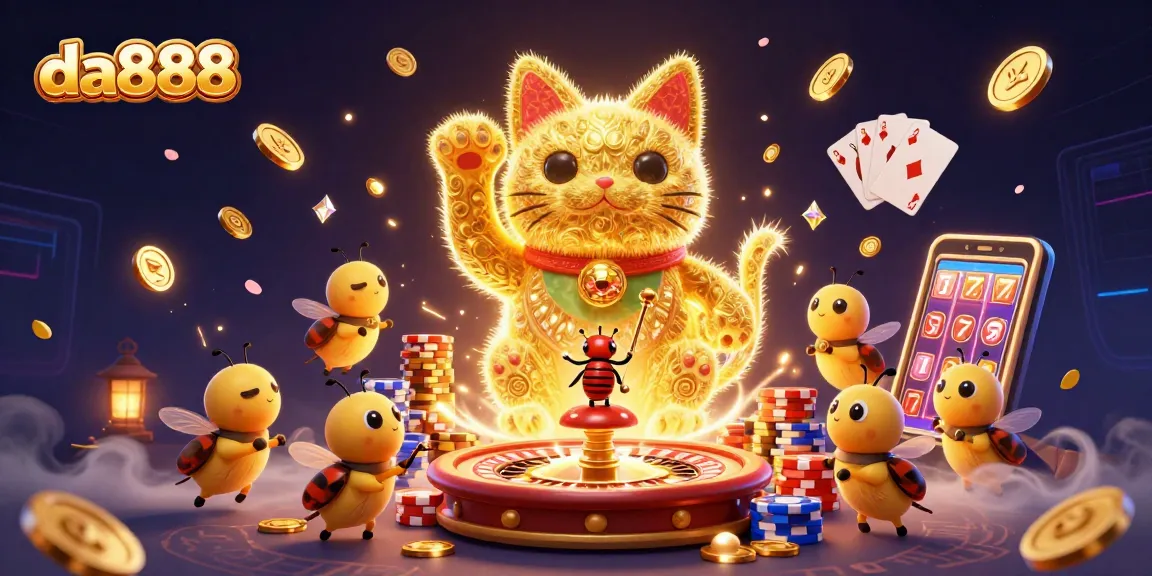 Engage with da888's thrilling scene of a lucky cat and dazzling gems in a casino atmosphere.