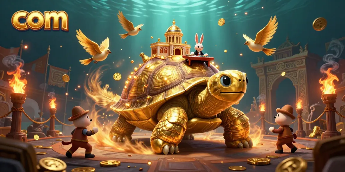 Experience thrilling wins with com as a rabbit dealer navigates a whimsical casino on a golden tortoise.